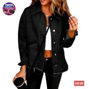 Vintage Cropped Denim Jacket Casual Loose Fit Frayed Hem Button Down